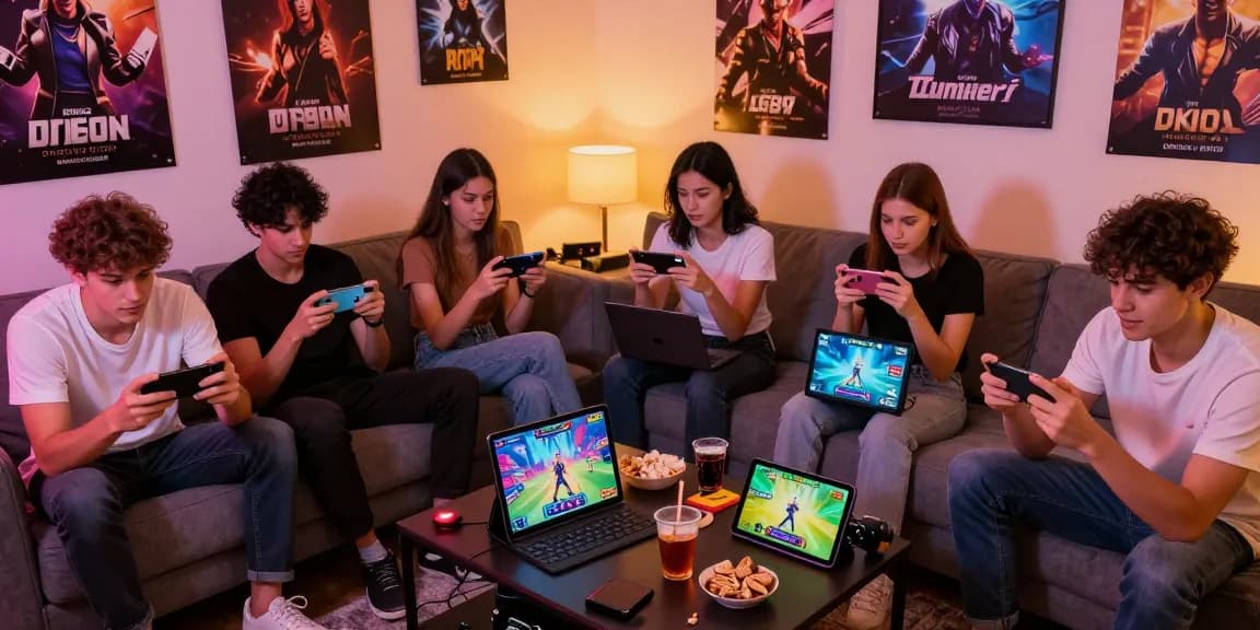 A group enjoying a lively session of mobile porn games on their devices, creating an engaging and social gaming atmosphere.
