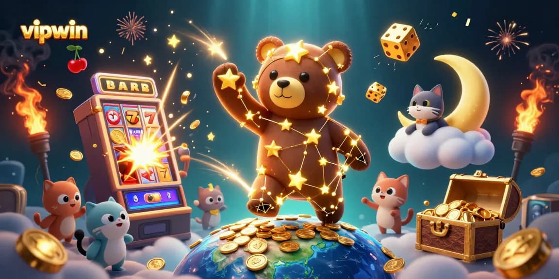 Engaging vipwin casino experience featuring a constellation bear and jackpot slot machine illustration.