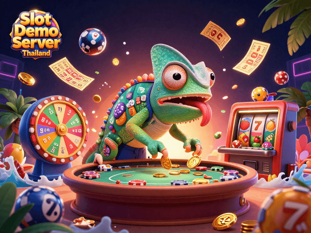 Play thrilling slot games with Slot Demo Server Thailand featuring colorful elements and a vibrant casino ambiance.
