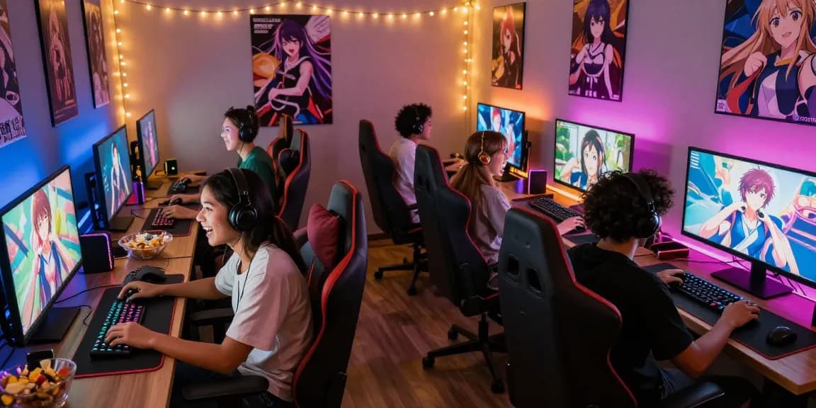 Engaged gamers enjoying hentai games in a colorful gaming lounge.