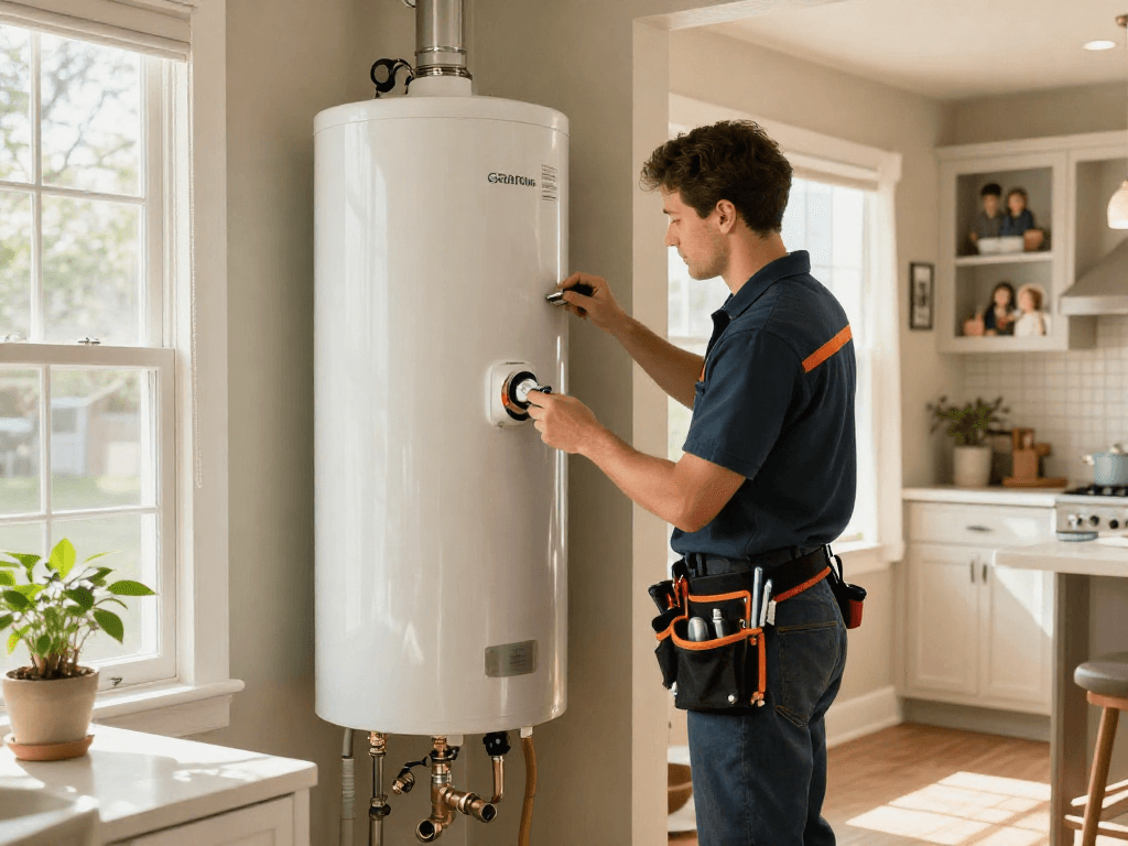 Water heater replacement Fort Worth service by a professional plumber in a cozy home.