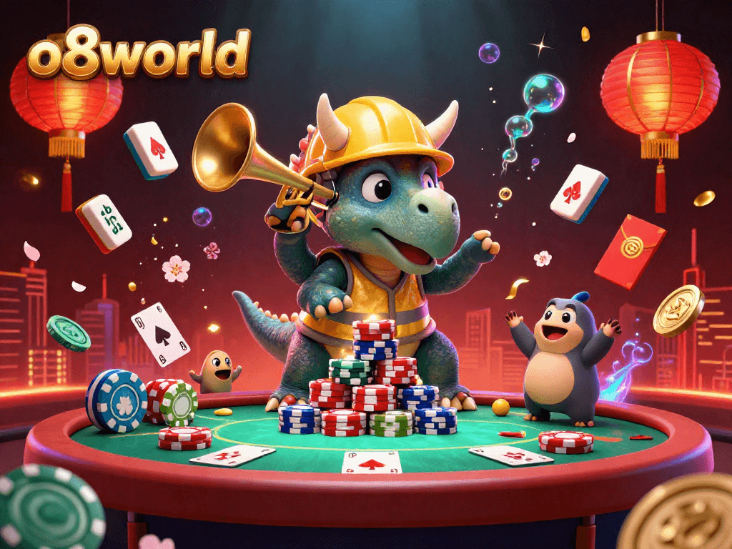 Experience thrilling gaming action at o8world with 3D cartoon characters building poker chip pyramids in celebration.