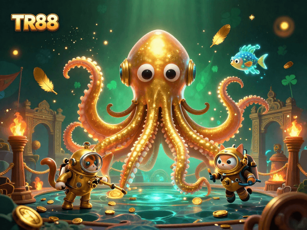 Join the adventure at TR88 as the colossal kraken uncovers treasures with playful diving cats.