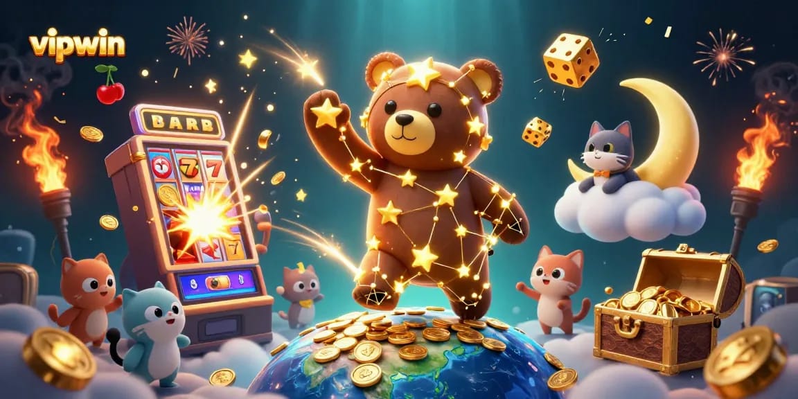 Engaging vipwin casino experience featuring a constellation bear and jackpot slot machine illustration.