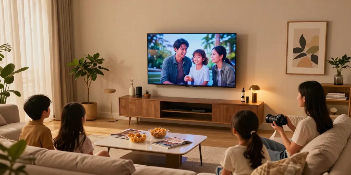 Family enjoying a cozy movie night with a mini LED TV in a modern living room.