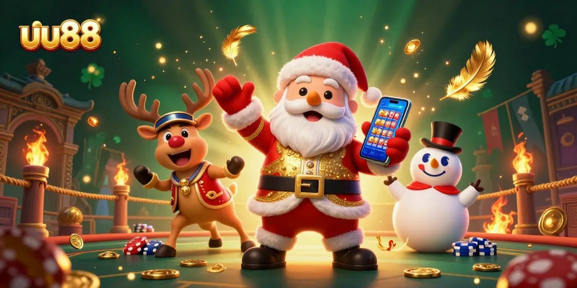 Experience thrilling winnings at uu88 with Santa Claus and friends in this festive casino scene.