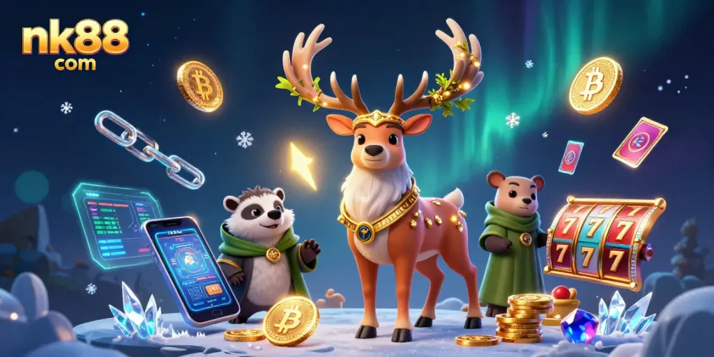 Spin and win at nk88 com with vibrant slots alongside enchanted characters in a mystical casino.