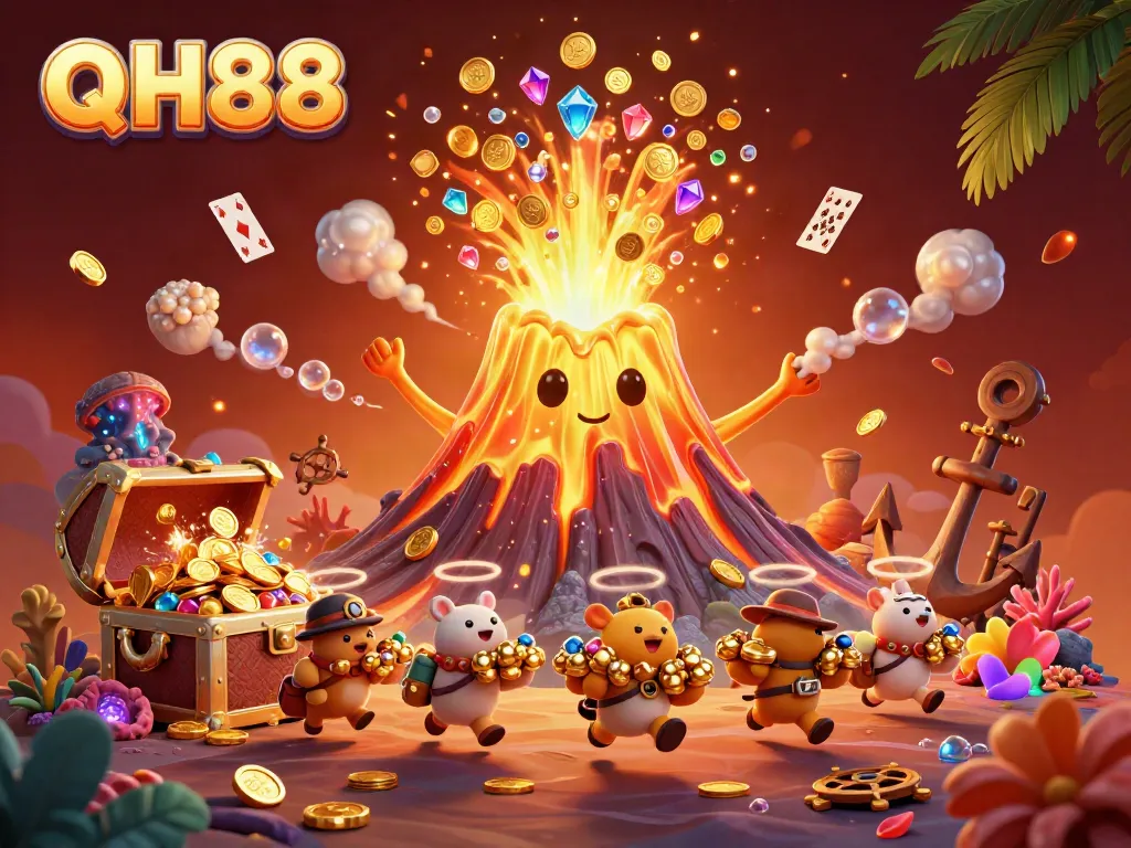 Engage with QH88 in a thrilling casino scene featuring a golden volcano erupting treasures.