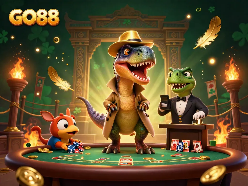 Experience GO88 excitement with a 3D velociraptor at a blackjack table in a dynamic casino scene.