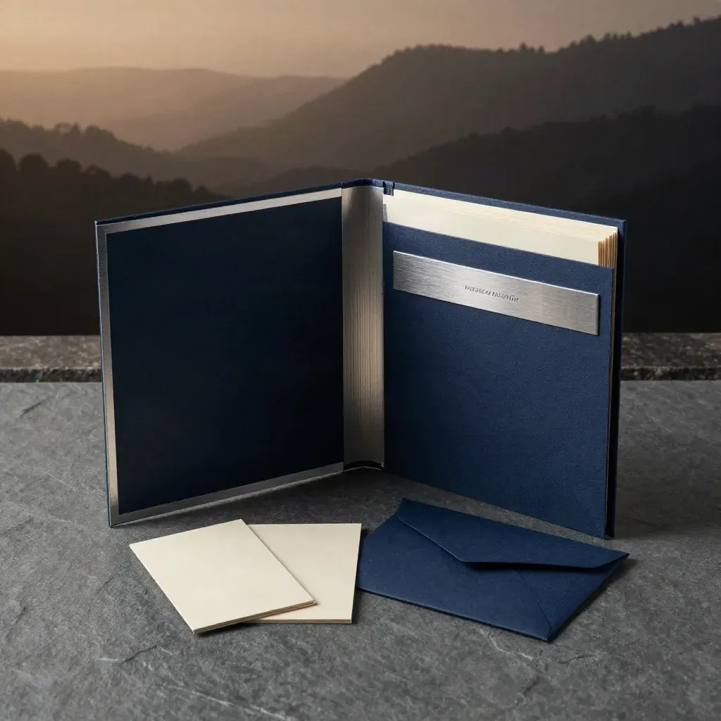 Navy wealth folio, envelope and cards on slate in dawn rain haze.