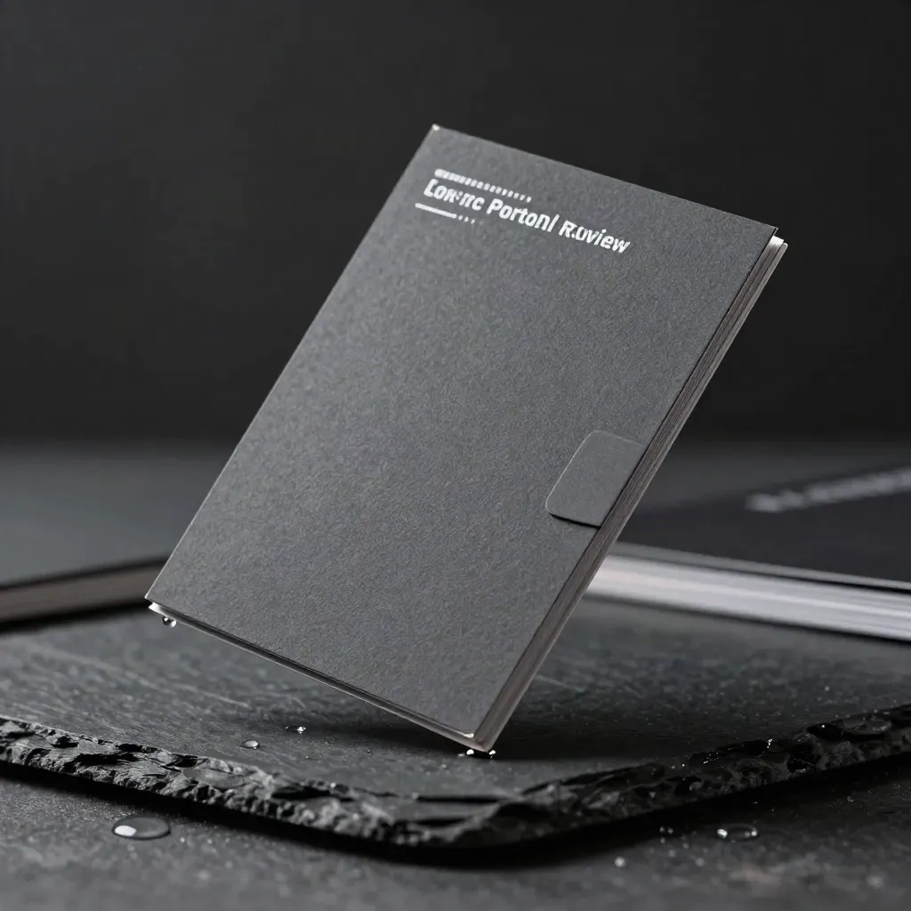 Charcoal investment review pack floating above wet slate, silver spine catching light.