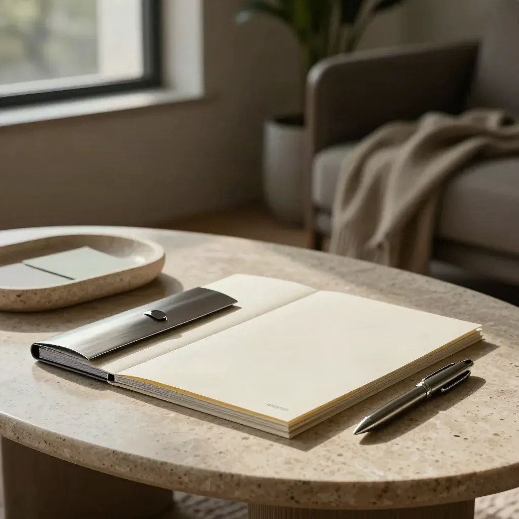 Annual review bundle on travertine in a dark lounge, with soft green accents and hazy window light.