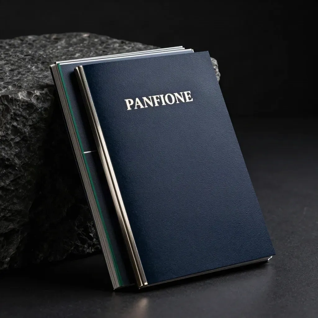 Dark navy pension booklet with emerald strips leaning on stone in dramatic studio light.
