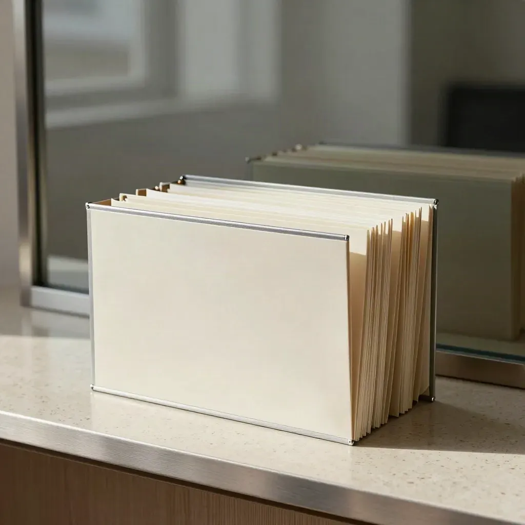 Open investment folio set on travertine in a quiet wealth office.