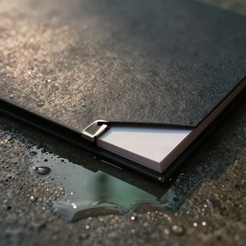 Macro folio on damp concrete with water sheen, steel clip, blank insert and emerald reflection.