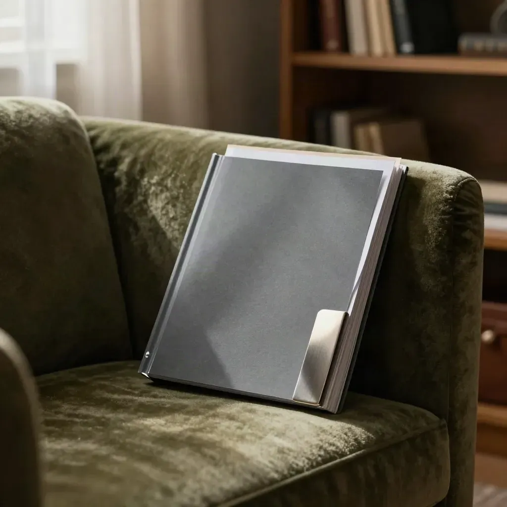Graphite research brief pack beside a velvet armrest in soft daylight.