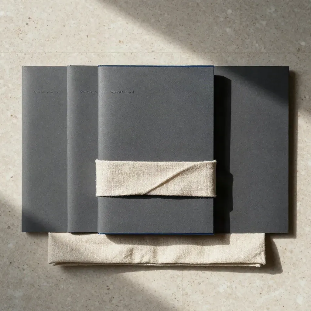 Overhead flatlay of a quarterly review pack with four sleeves and a linen strap on pale stone.