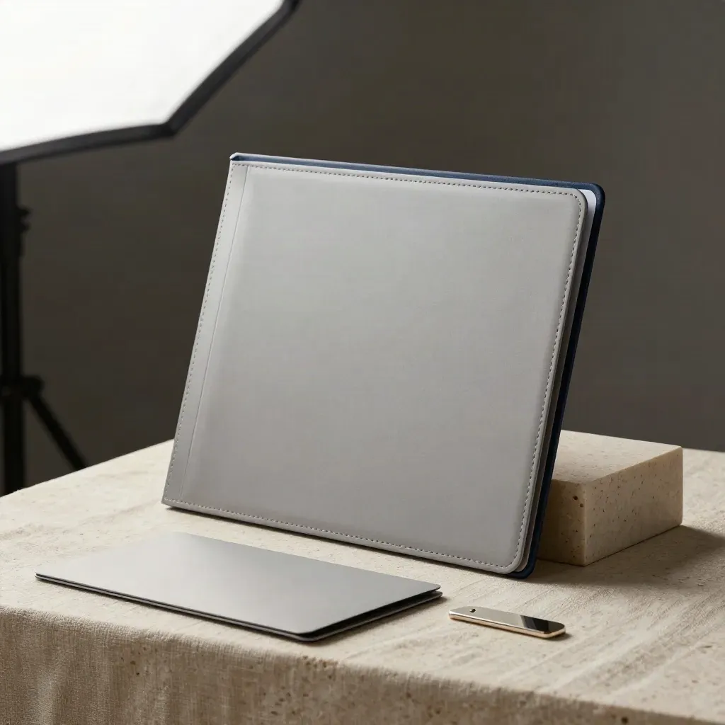 Matte silver ISA folder leaning on linen block with a blank card and soft silver accents.