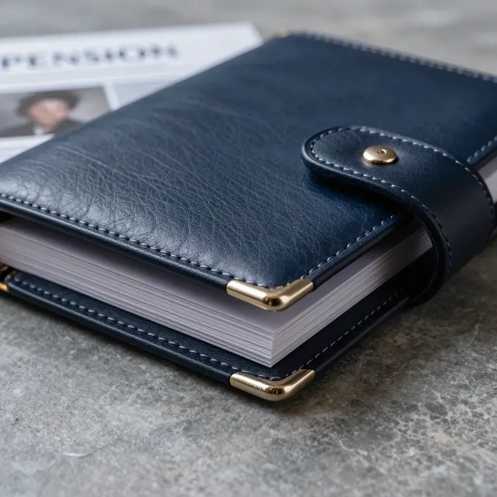 Close-up of a dark navy leather pension folio on stone, catching a side glow with metal fastener.