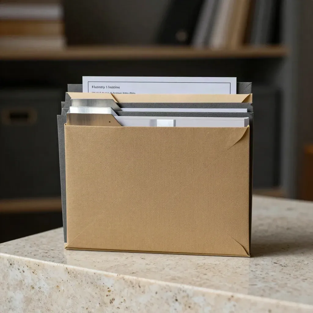 Nested folders and a silver-banded envelope on travertine, softly lit in a finance hero shot