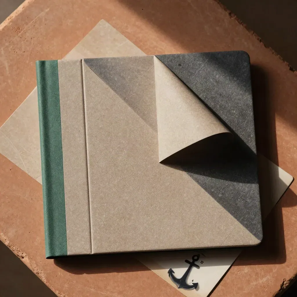 Overhead cash map folio with two sleeves and emerald detail on terracotta stone.