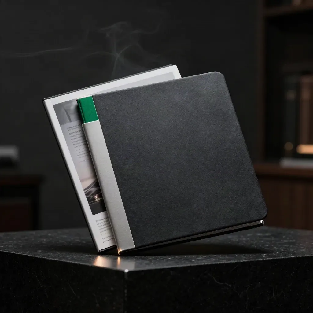 Charcoal finance folder with silver band and emerald divider on a dark studio plinth.