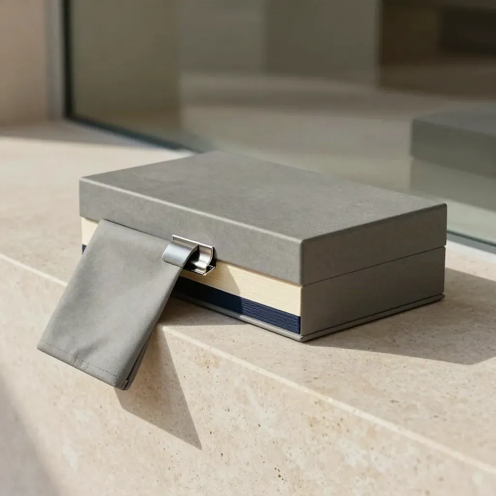 Unmarked investment pack on limestone ledge with sleeve and steel clip