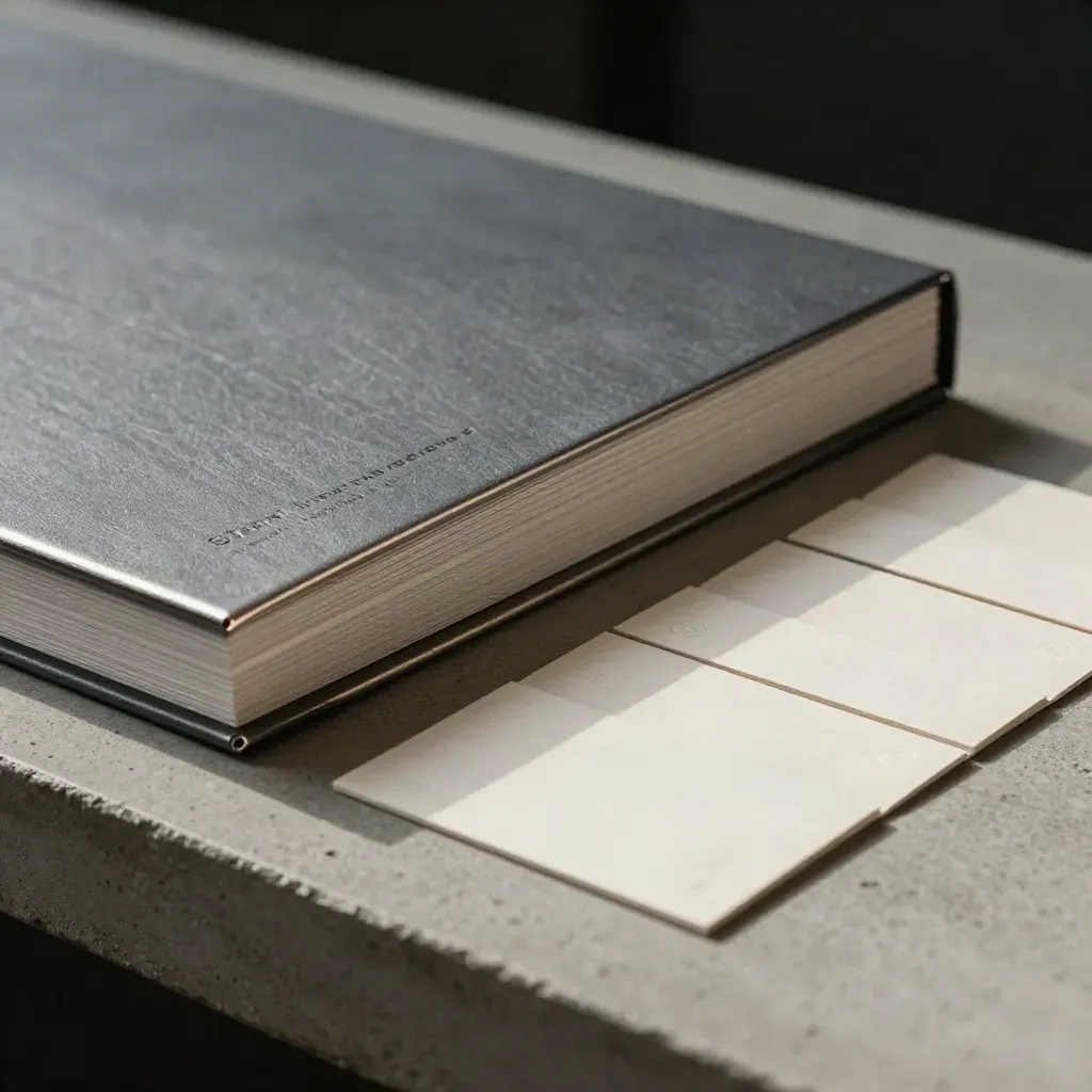 Macro side view of a thick review folio with four slim cards on concrete, lit by raking silver light.