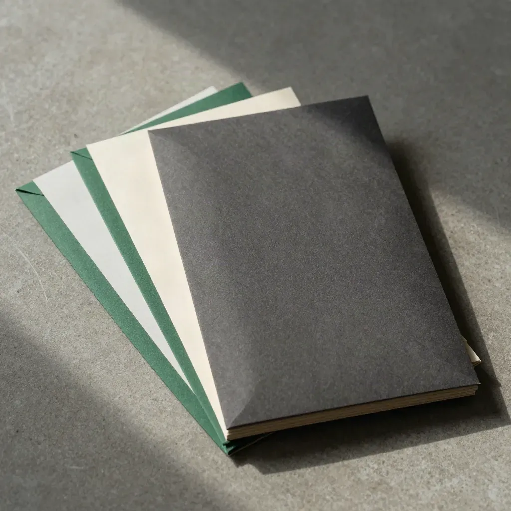 Overhead flatlay of a market note subscription mailer bundle with a pale divider on concrete.