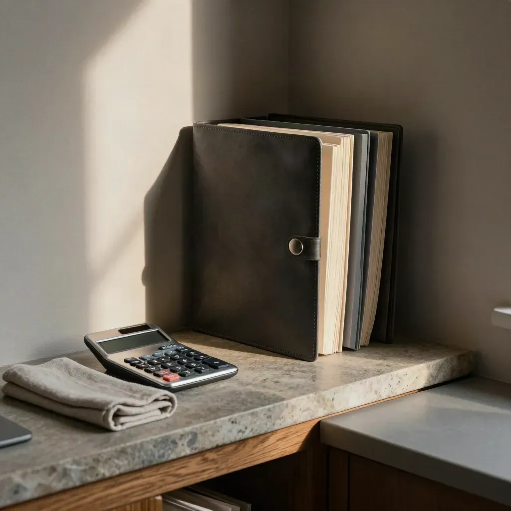 Oak library corner with portfolio folders, silver calculator and soft morning light.