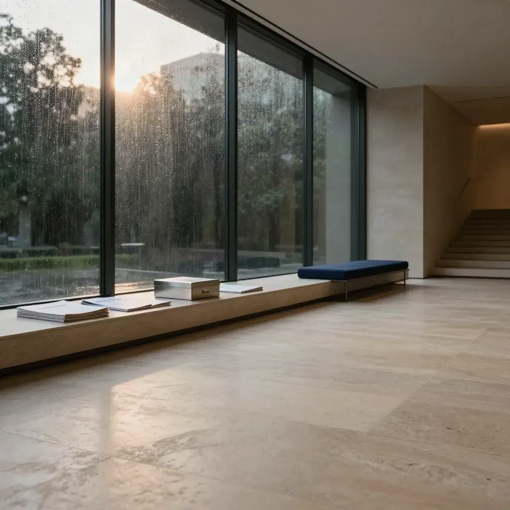 Rain-streaked investment room with closed retirement folios and a calm stone floor.
