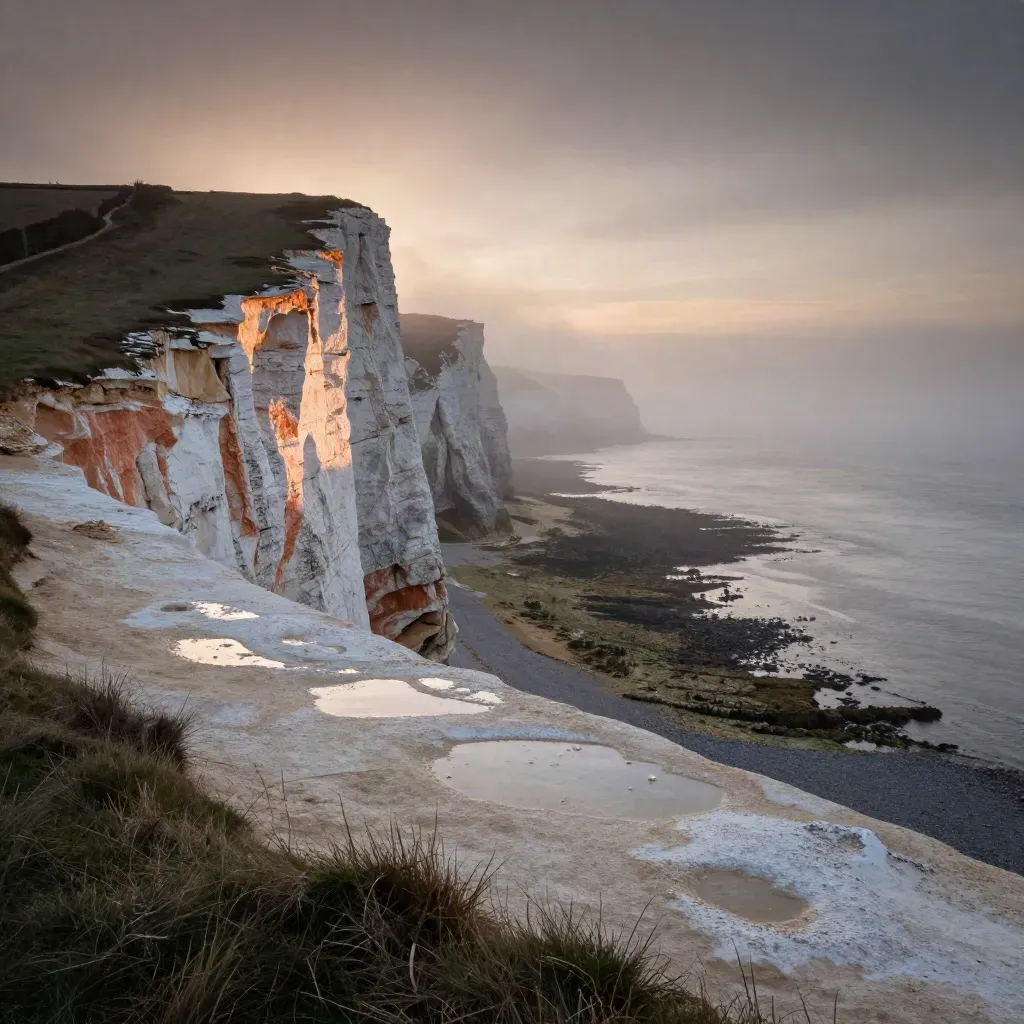 High chalk coast with tide pools, dawn mist, and open calm sea space for copy.