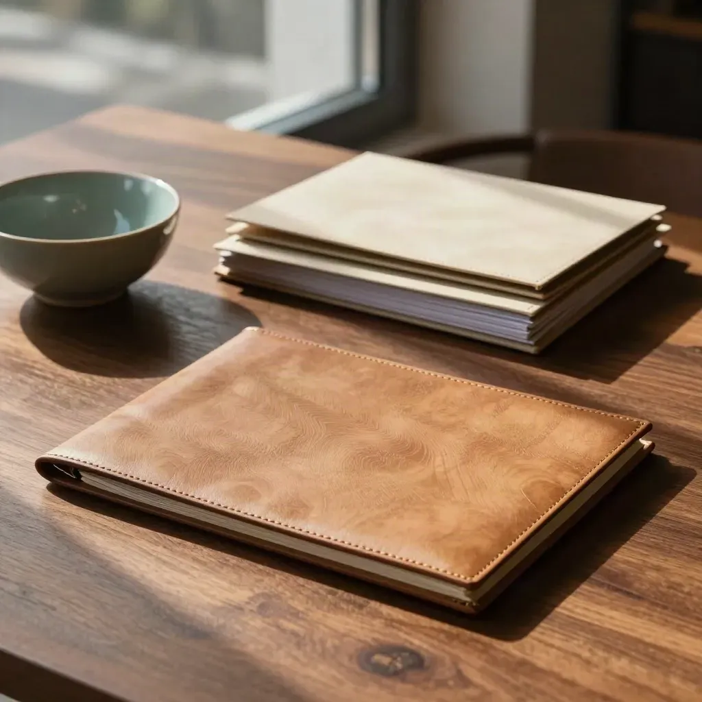 Walnut tabletop with client folders, ceramic bowl and soft window light