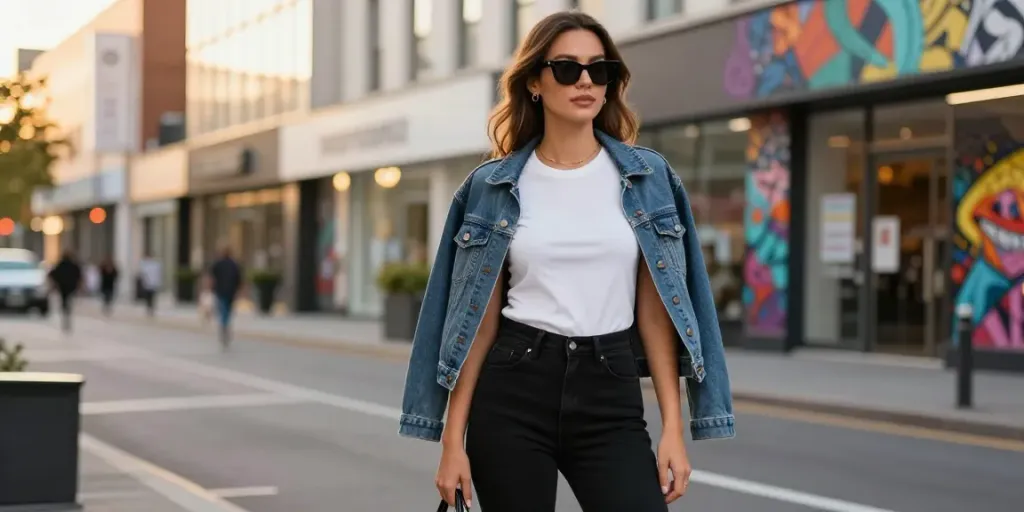 Fashion basics in urban style with a young woman showcasing a chic outfit on the street