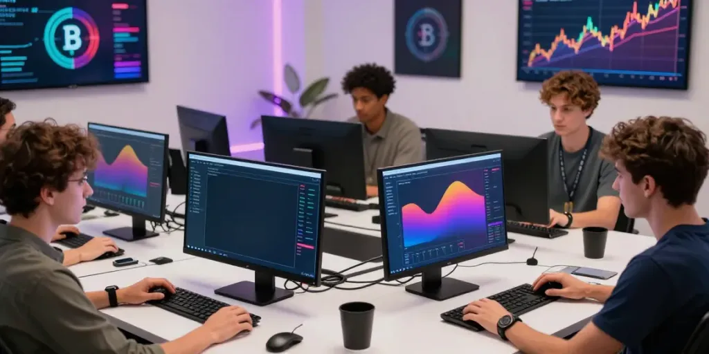 Piteas.trade cryptocurrency trading room showcasing teamwork and technology.
