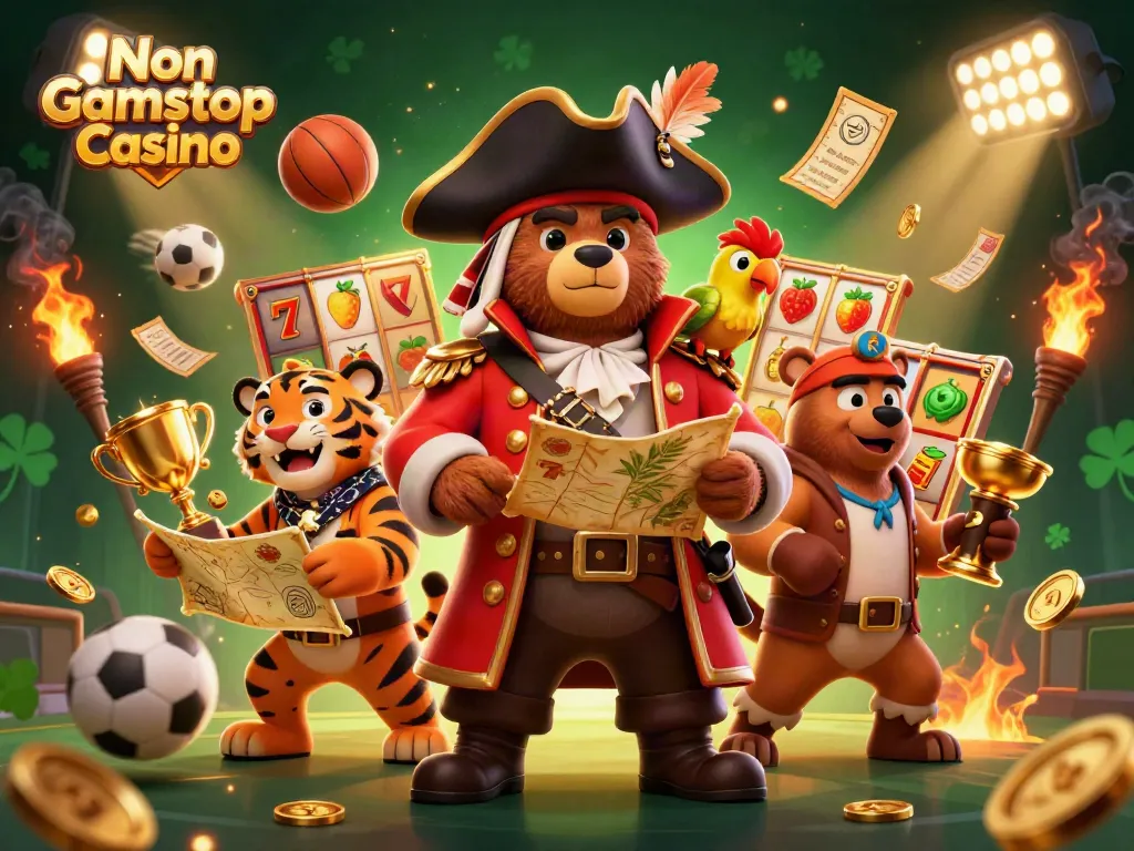 Experience excitement at a Non Gamstop Casino with cartoon pirates and vibrant slot gaming elements!