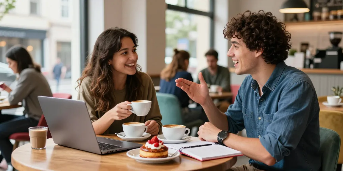 Engaging friends enjoying a spicy chat in a vibrant cafe setting, sharing stories over coffee.