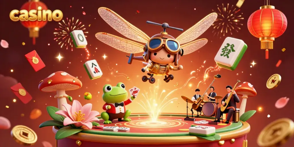 The dragonfly pilot hovers over a lily pad casino as the frog dealer manages a card game, highlighting vibrant casino excitement.
