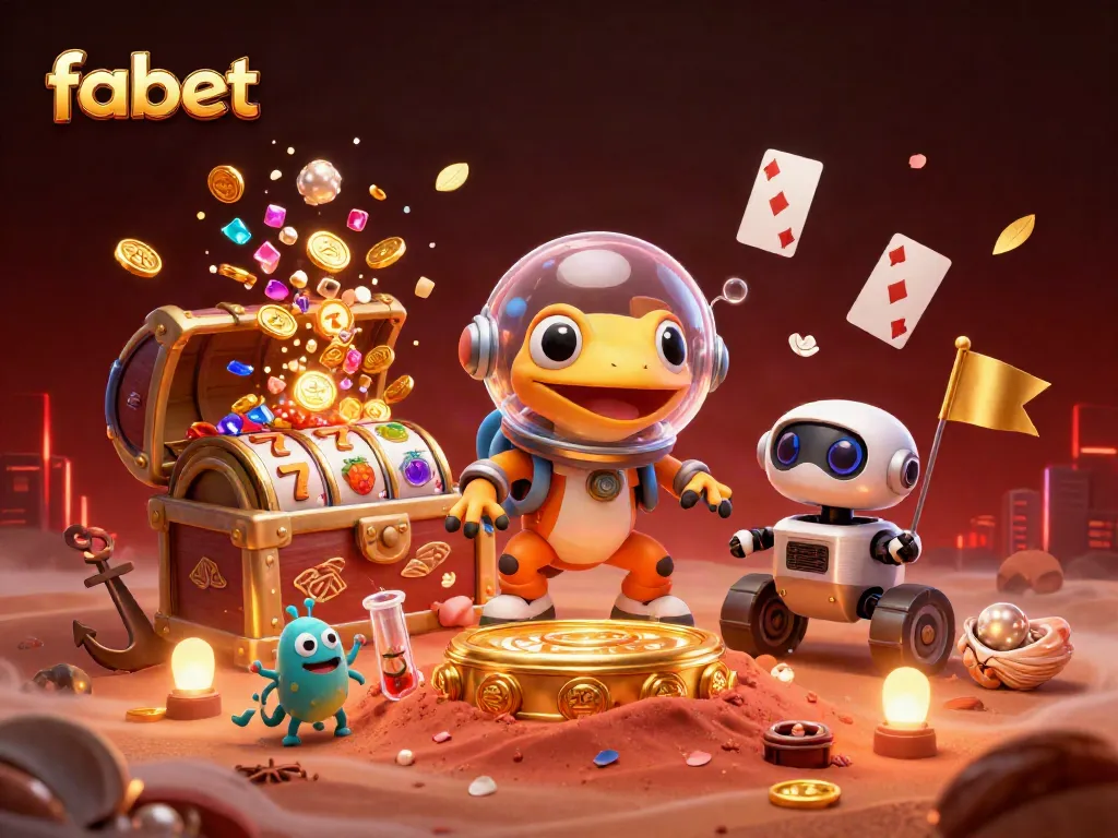 Experience the excitement of fabet with a Martian gecko discovering a golden casino in this vibrant illustration.