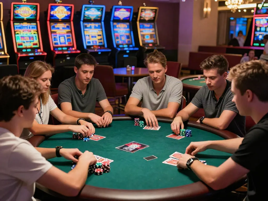 Friends enjoying intense poker action at http://11bet-app.net/ casino table