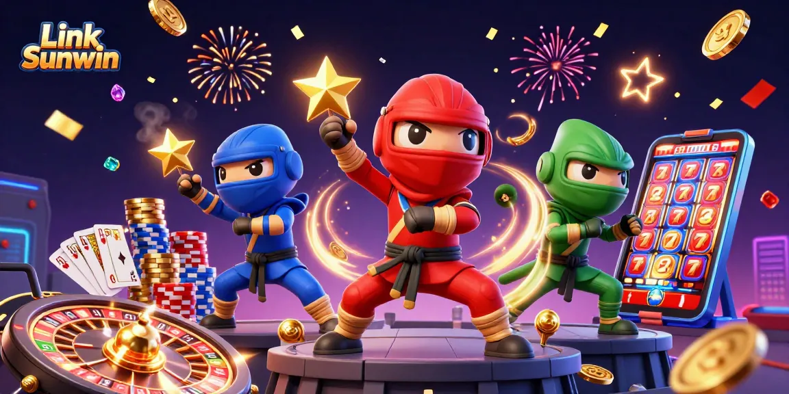 Experience the excitement of Link Sunwin with colorful chameleon ninjas amidst casino elements.