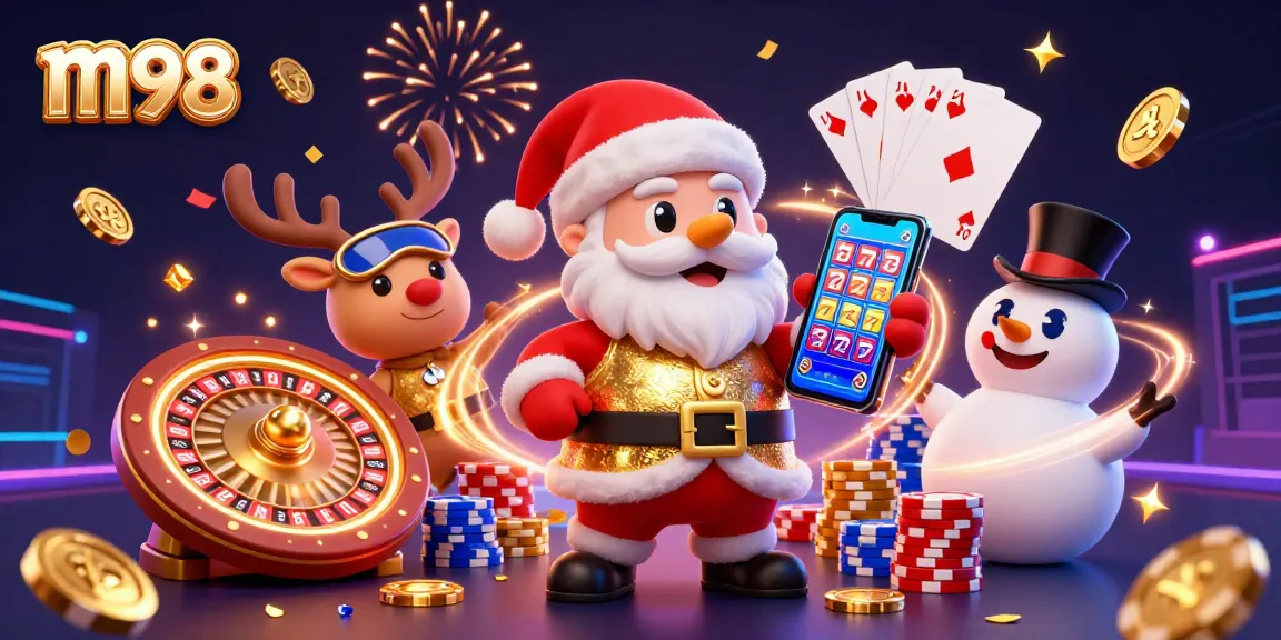 m98 reveals a festive casino scene with a cheerful Santa and festive icons celebrating jackpots.