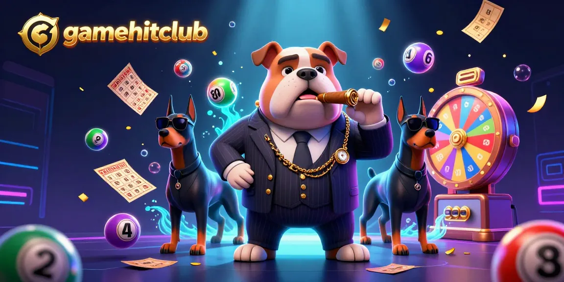 Engage with gamehitclub's dynamic gaming scene featuring a mafia boss bulldog amidst vibrant lottery elements.
