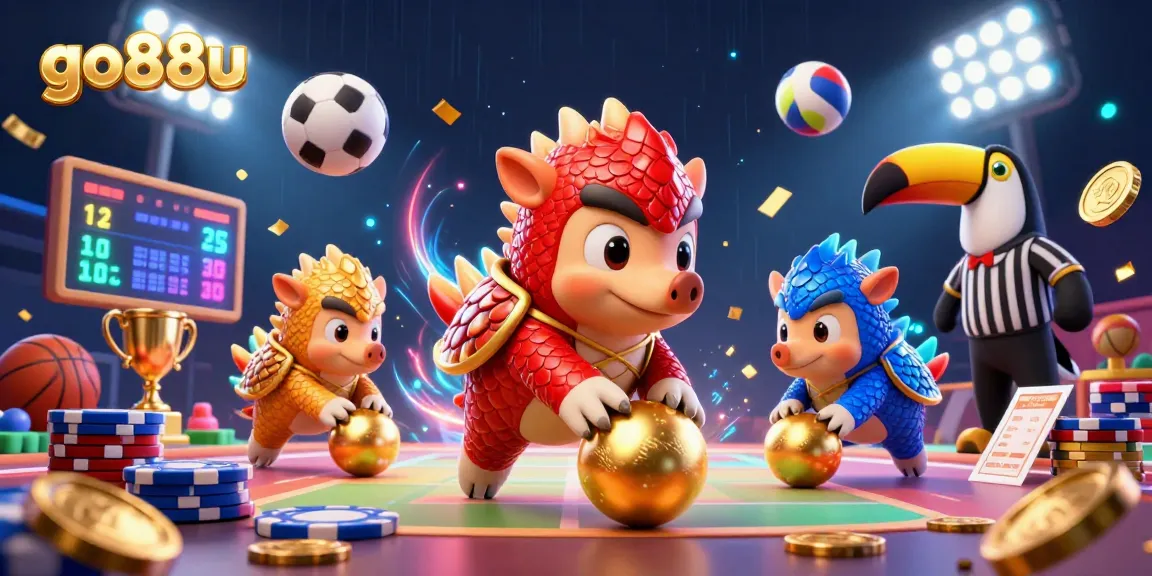 Engage with go88u's exhilarating gaming scene featuring pangolins battling in a dynamic casino arena.