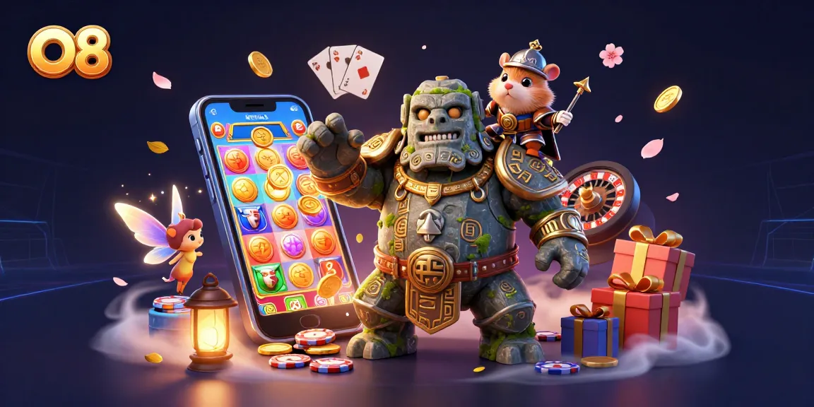 Experience thrilling action at O8 with a magical stone guardian and hamster knight amid captivating casino gameplay.