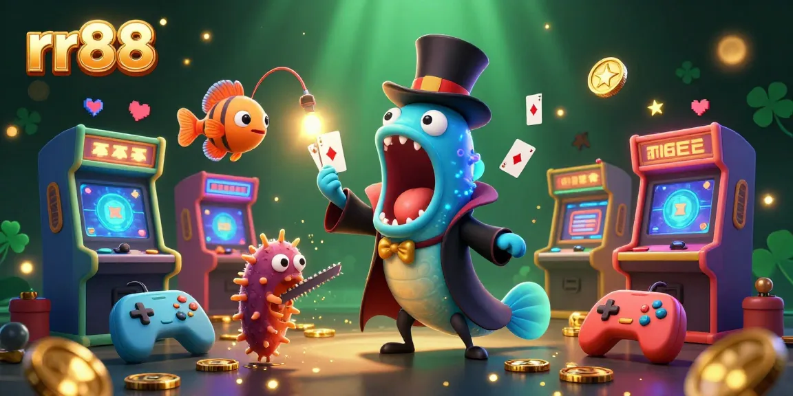 Experience the thrill of playing at rr88 with a lively 3D casino scene showcasing unique characters and game elements.