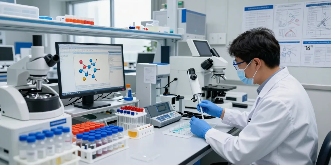 Scientist analyzing research-grade peptides in a modern laboratory setting, showcasing advanced research techniques and equipment.