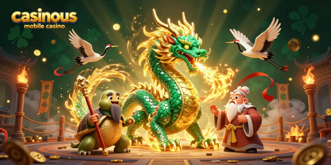 Experience the thrill of the casinous mobile casino with a dynamic 3D dragon and turtle sage illustration.