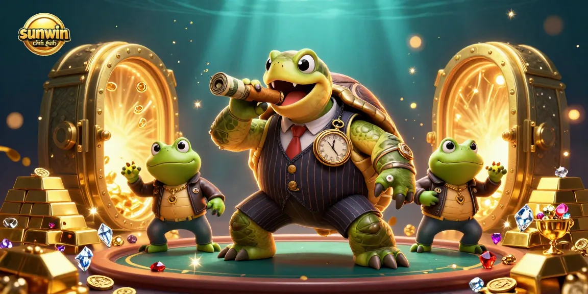 Win big at sunwin chính hãng with a vibrant 3D casino illustration featuring a mobster turtle and frogs.