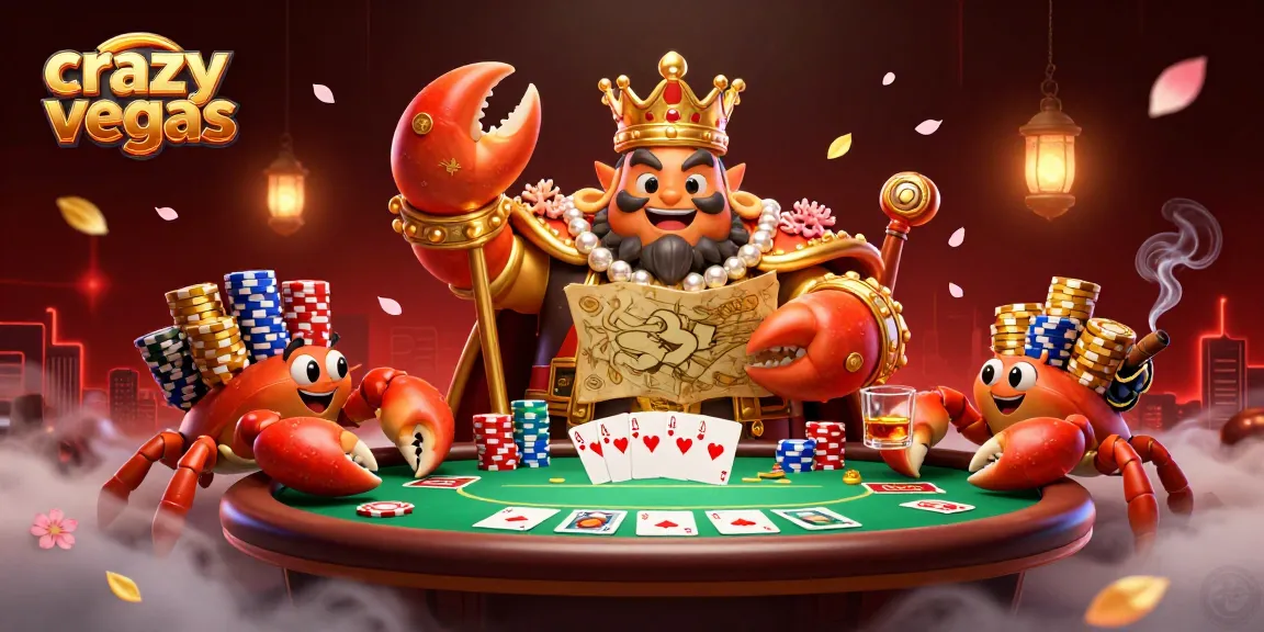 Experience thrilling poker action with crazyvegas' vibrant crab emperor and golden chips.